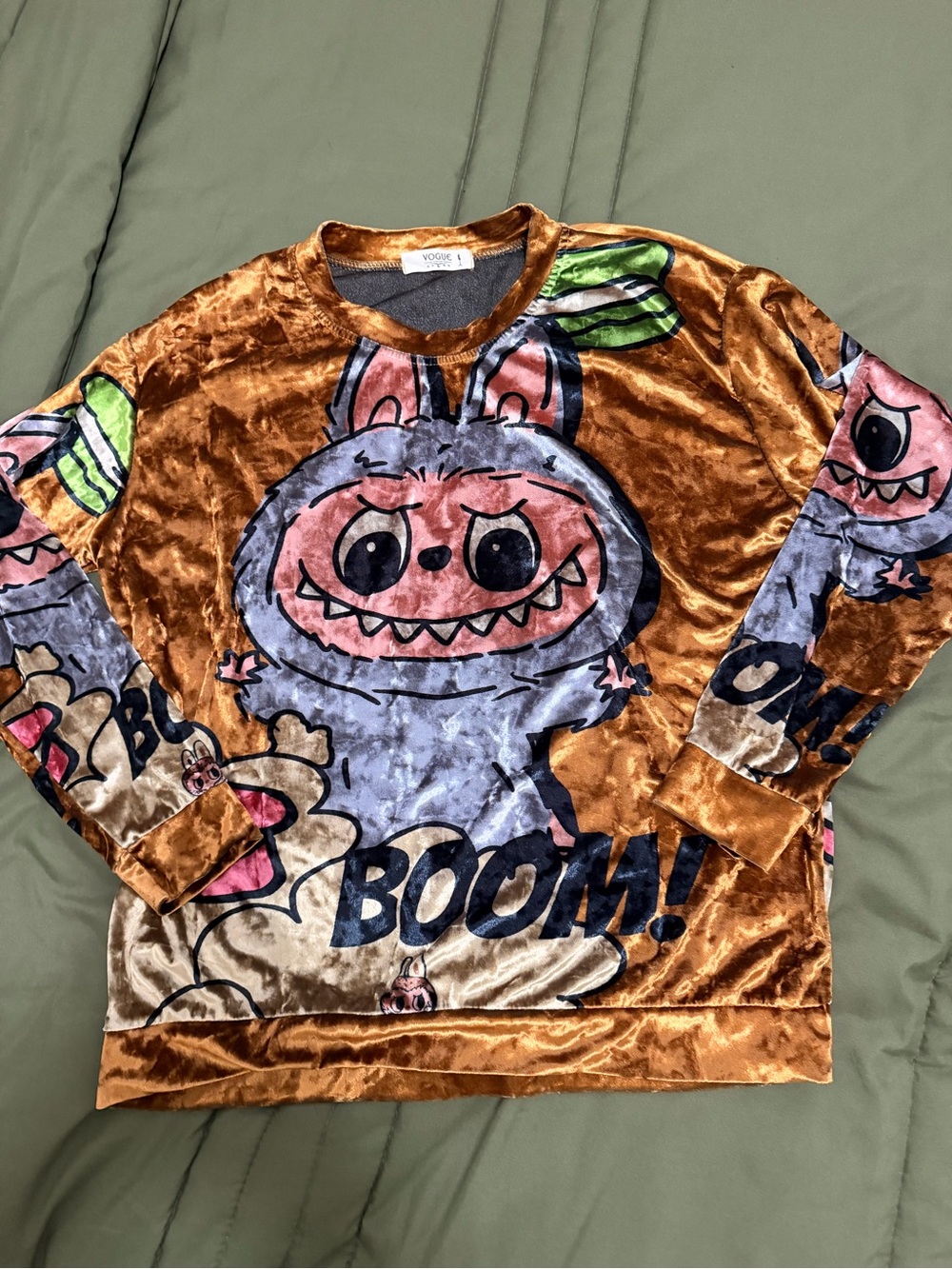 Vogue Brown Velvet Cartoon Pullover with Pink & Green Accents